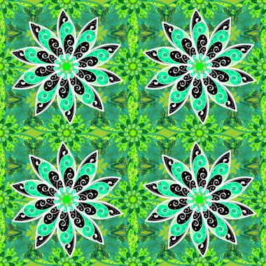 Elle çizilmiş. Çiçek yeşil, siyah ve beyaz renkler. Çiçekler ile Seamless modeli. Suluboya resim.