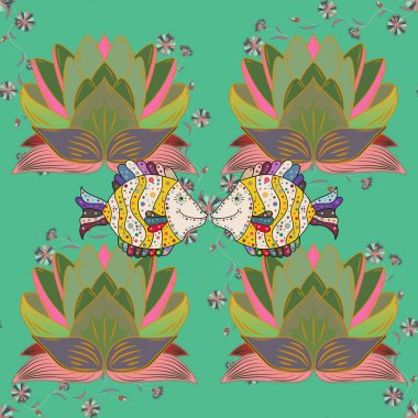 Soyut vektör çizim. Dekoratif süs. Renkli görüntü yinelenen ve kurucu unsurları alternatif. Yeşil, tarafsız ve pembe üzerinde balıklar. Seamless modeli ile balıkçı. Vektör çizim.