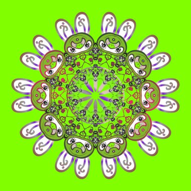 Vektör çizim. Kış kar tanesi, vektör arka plan. Yinelenen doku yüzey, ambalaj kağıdı, yeşil, beyaz ve gri renkler için. Renkli arka plan üzerinde izole güzel kar taneleri.