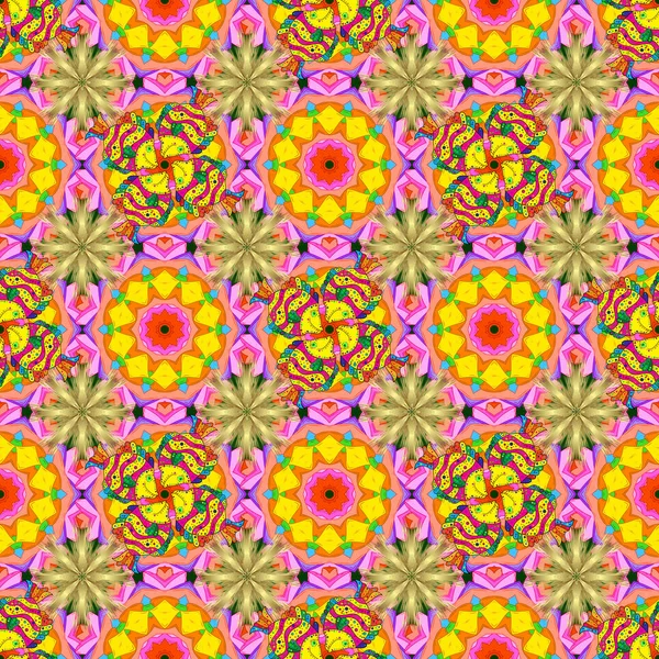 Colour Spring Theme Seamless Pattern Background Flowers Orange Yellow Pink — Stock Vector