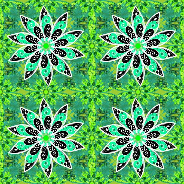 Handgezeichnet Blumen Auf Grünen Schwarzen Und Weißen Farben Nahtloses Muster — Stockvektor