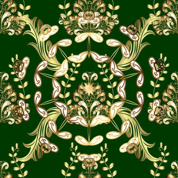伝統的なクラシック黄金シームレス パターン ベクトル緑の色に バロック様式のスタイルでシームレスな東洋飾り — ストックベクタ