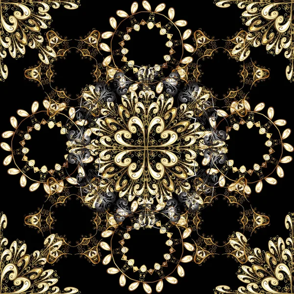 Golden Seamless Pattern Black Brown Beige Colors Golden Floral Elements — Stock Vector