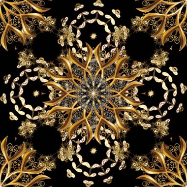 Vektör şark süsleme. Siyah, kahverengi ve bej renkler altın elemanları ile Seamless modeli. Dikişsiz altın desen.