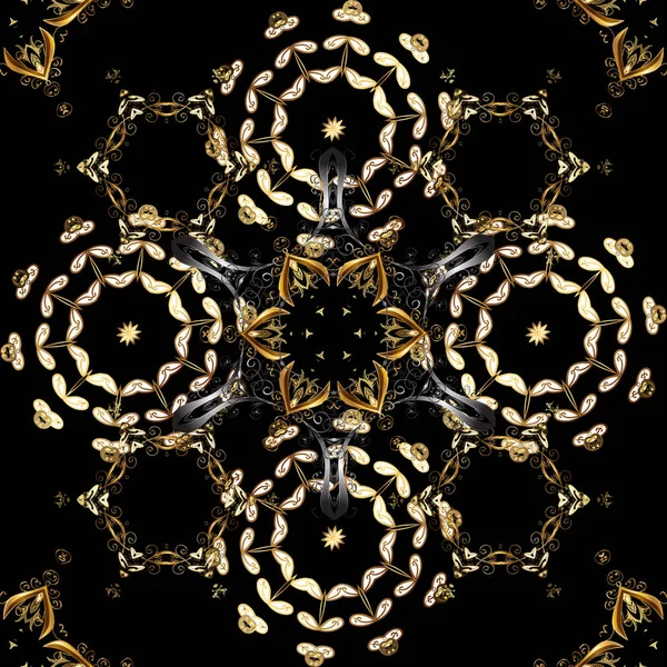 手绘装饰框架 专辑封面 复古艺术装饰风格 向量抽象花花圈从金黄涂鸦幻想叶子和花在黑色 棕色和白色颜色 — 图库矢量图片