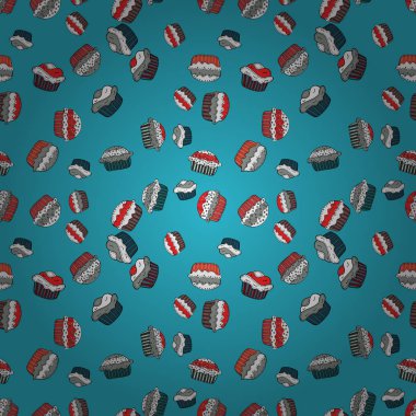 Mavi, beyaz ve gri gıda afiş tasarımı için. Vektör çizim. Kağıt ambalaj. Kek ile sorunsuz.