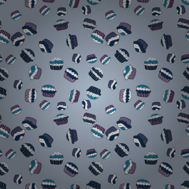 Parmak izi, dekorasyon, kumaş için doku. Cupcake seamless modeli. Vektör. Muffin tatlı doku arka plan. Renkli krem tatlı zemin üzerinde mavi, beyaz ve siyah.