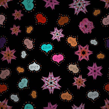 Vektör çizim. Sorunsuz altmışlı mod pop sanat psychedelic renkli aşk metin tasarım stili. Şirin kalpler aşk güzel arka plan üzerinde siyah, pembe ve turuncu renkler.