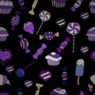 Vektör. Şirin el çekilmiş tatlı illüstrasyon Dikişsiz desen beyaz, mor ve siyah arka plan ile.