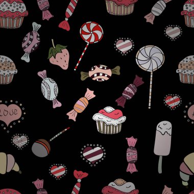 Sulu boya resimde siyah, beyaz ve pembe renkler. Vektör. Şekerler sorunsuz arka plan üzerinde.