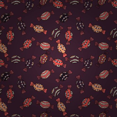 Vektör çizim. Dikişsiz desen suluboya tatlılar şekerlemeler ile elle çizilmiş bir kahverengi, pembe ve siyah arka plan üzerinde izole..