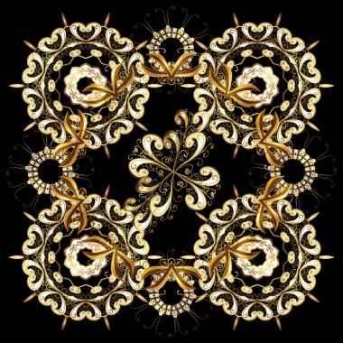 Seamless altın modeli. Vektör şark süsleme. Siyah, bej ve kahverengi renkleri altın elemanları ile altın desen.