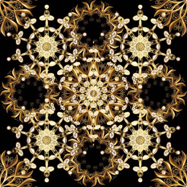 Noel, kar tanesi, yeni yıl. Siyah, kahverengi ve bej renkler altın elemanları ile altın seamless modeli. Siyah, kahverengi ve bej renkler altın elemanları ile Dikişsiz vintage desen.