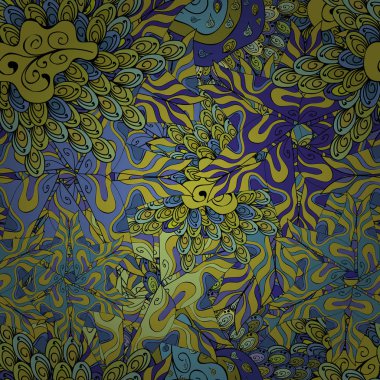 Vektör çizim. Güzel arka plan. Mavi, sarı, siyah ve yeşil renkler. Kağıt ambalaj için karalamalar desen.