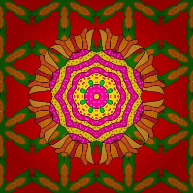 Renkli Mandala. Kırmızı, yeşil ve turuncu renkler yuvarlak süsleme desen. Islam ' ın manevi ve ritüel sembolü Arapça, Hint dinler. Oryantal motifler. Vektör geometrik daire öğeleri.