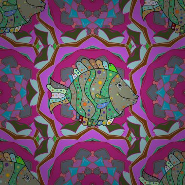 Vektör çizim. Handdrawn. Dikişsiz balık desen. Tarafsız, pembe ve mor üzerinde balıklar.