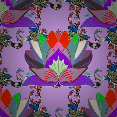 Vektör düz çiçek seamless modeli. Kağıt, tebrik kartları, poster ve başlık sayfası kaydırma hediye tasarım tasarım. Tarafsız, mavi, mor, yeşil ve siyah renkler çiçekler.