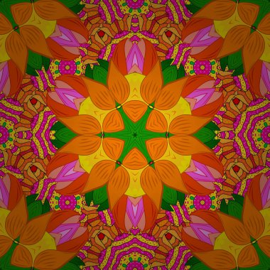 Çiçekler ile Seamless modeli. Turuncu, sarı ve yeşil renkler. Mandala vektör çiçek kitap sayfa anahat şablon halı boyama oryantal.