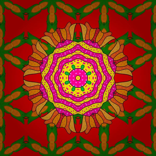Gekleurde Mandala Ronde Ornament Patroon Een Rode Groene Oranje Kleuren — Stockvector