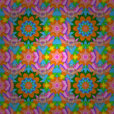 Turuncu, mavi ve yeşil renkler çiçekler. Sorunsuz çiçek deseni. Vektör çizim. Vektör çizim. Asya Tekstil tarzında.