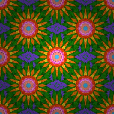 Sorunsuz çiçek deseni. Vektör çizim. Asya Tekstil tarzda yeşil, turuncu ve mor renkler.