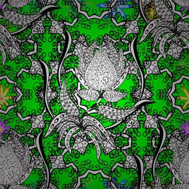 Kabile sanat boho baskı, vintage çiçek arka plan. Arka plan doku, duvar kağıdı, floral tema beyaz, yeşil ve siyah renklerde. Soyut etnik vektör seamless modeli.