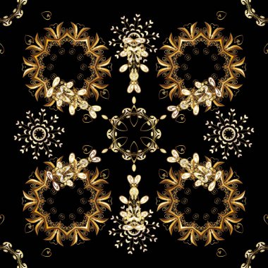 Noel 2019, kar tanesi, yeni yıl. Siyah, kahverengi ve bej renkler altın elemanları ile Vintage seamless modeli.