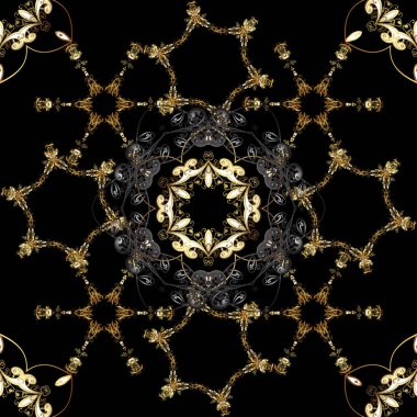 Siyah, kahverengi ve gri renkler altın elemanları ile Seamless modeli. Klasik vektör altın Dikişsiz desen. Klasik vintage arka plan. Geleneksel şark süsleme.