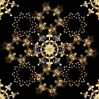 Siyah, kahverengi ve bej renkler altın elemanları ile Vintage seamless modeli. Noel 2019, kar tanesi, yeni yıl.