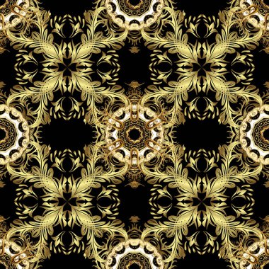 Siyah renkleri altın elemanları ile sorunsuz vintage desen. Noel, kar tanesi, yeni yıl 2018.