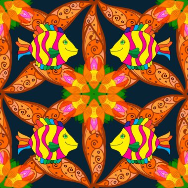 Turuncu, mavi, kahverengi. Tropikal balık ile dekoratif Dikişsiz desen doku nakış stilize. Vektör desen kumaş üzerine basım için.