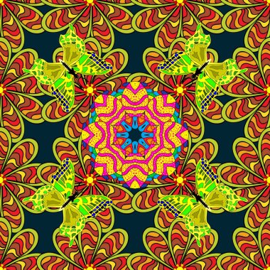 Soyut Mandala. Islam, Arapça, Hint, Türk, pakistan, Çin, Osmanlı motifleri. Oriental desen sarı, siyah ve mavi renkler renkli. Vektör çizim. Vintage Dekor elementleri.