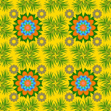 Vektör sorunsuz çiçek desenli. Çiçekler sarı, yeşil ve turuncu renkler Vadisi.