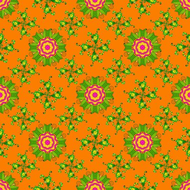 Turuncu, yeşil ve sarı renkler turuncu, yeşil ve sarı papatyalar bir model. Vektör çizim. Turuncu, yeşil ve sarı renkler.