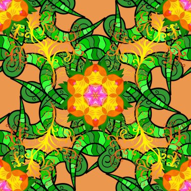 Düz çiçek öğeleri tasarım. Sevimli çiçek vektör desen. Bahar Tema Dikişsiz desen arka plan rengi. Yeşil, turuncu ve siyah renkler çiçekler.