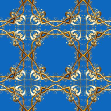 Vektör arka plan mavi, kahverengi ve bej renkler altın yinelenen öğeleri ile. Dikişsiz oryantal klasik altın desen.