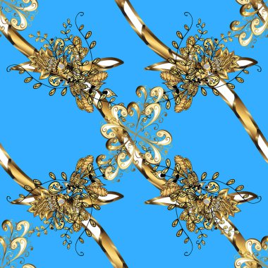 Altın çiçek süsleme barok tarzı. Mavi, sarı ve kahverengi renkleri altın öğesinde. Altın arka plan doku duvar kağıdı. Damasko sorunsuz yinelenen arka plan.