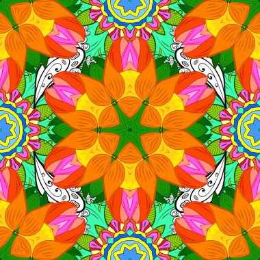 Sorunsuz çiçek desenli vektör çizim içinde. Turuncu, yeşil ve sarı renkler çiçekler.