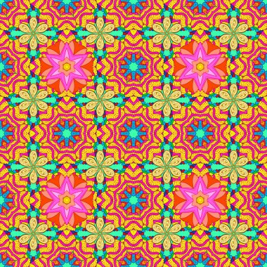 Vektör illüstrasyonundaki modaya uygun çiçek deseni. Renkli Yaz Temalı Kusursuz Arkaplan. Düz Çiçek Elementleri Tasarımı. Güzel kumaş deseni.