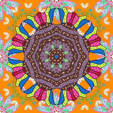 Karalama defteri, afiş, kartpostal, dövme, yoga, boho, büyü, halı, karo veya dantel. Kartı, bir portakal, tarafsız ve kahverengi renkler renkli Mandala izole dekoratif vektör süslü renkli mandala simge.