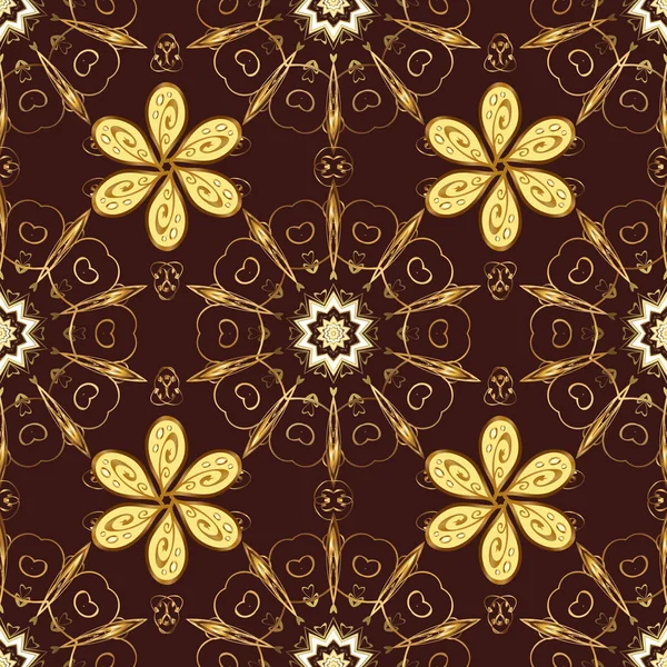 ベクトルの図 東洋ベクトル古典的な茶色 黄色とベージュ 黄金パターン シームレスな抽象的な背景 — ストックベクタ
