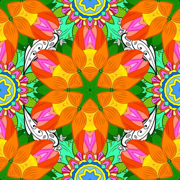 Patrón Floral Sin Costura Ilustración Vectorial Flores Colores Naranja Verde — Vector de stock