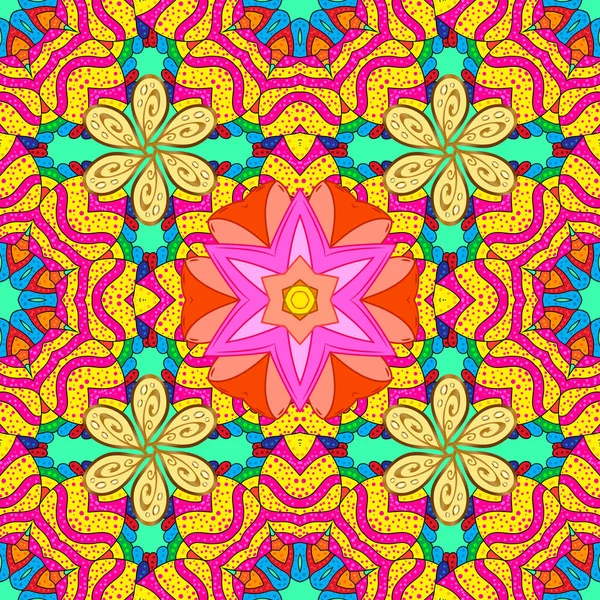 Çiçekler ile Seamless modeli. Elle çizilmiş. Sarı, kırmızı ve yeşil renklerde çiçekler. Suluboya resim.