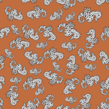 Hippocampus vektör karikatür Icon set sualtı balık ve izole kahverengi, beyaz ve siyah arka plan üzerine siluet. Vektör. Doodle, kroki, karalamak. Denizatı sorunsuz arka plan.