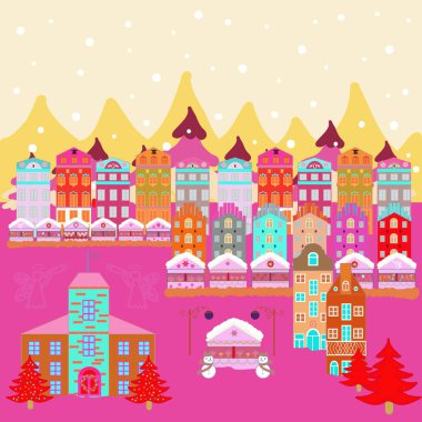 Çocuklar kumaş, tekstil, çocuk odası duvar kağıdı için mükemmel. Evler, ağaçlar ve dağlar renkli desen. Şirin doğa manzara kavramı bej, pembe ve sarı renkler.