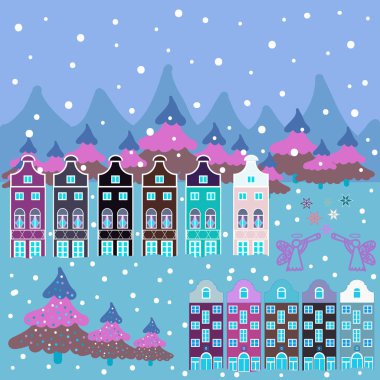 Vektör çizim. Yeni Yılınız Kutlu Olsun. House ile neşeli Noel kartı. Christmas illüstrasyon mavi, beyaz ve mor renkler.