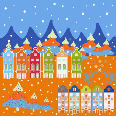 Yalnız ev bir tepe üzerinde. Kış. Bulutlu kış manzarası. Christmas illüstrasyon mavi, turuncu ve beyaz renkler. Vektör. Dağ manzarası.