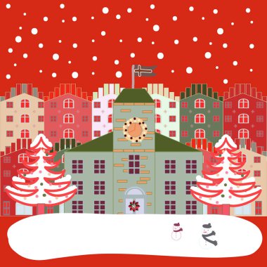 İskandinav tarzı doğa illüstrasyon. Şirin evler ve ağaçlar kırmızı, beyaz ve gri renk arka plan üzerinde. Vektör. Colorfil manzara Tekstil, duvar kağıdı, kumaş için.