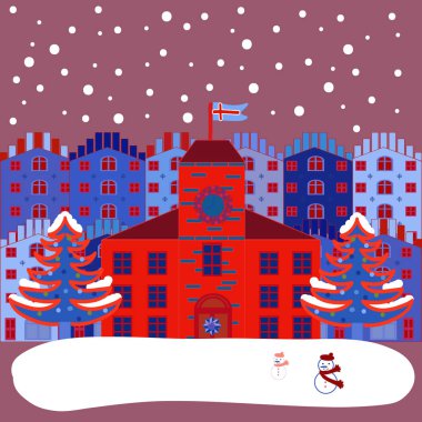 Panorama. Noel Köyü, Noel Baba. Vektör çizim. Pembe, mavi ve kırmızı renkler peri evleri.