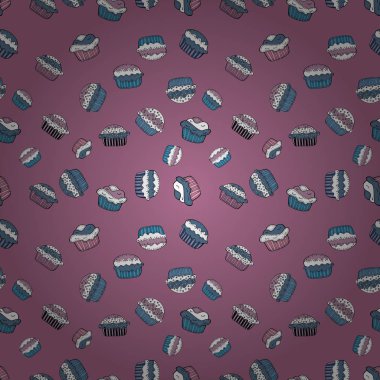 Hamur işi. Sorunsuz elle çizilmiş vintage tarzı kek ve kurabiye. Vektör çizim. Top kek tatlar üzerinde bağımsız, mavi ve beyaz illüstrasyon doodle.